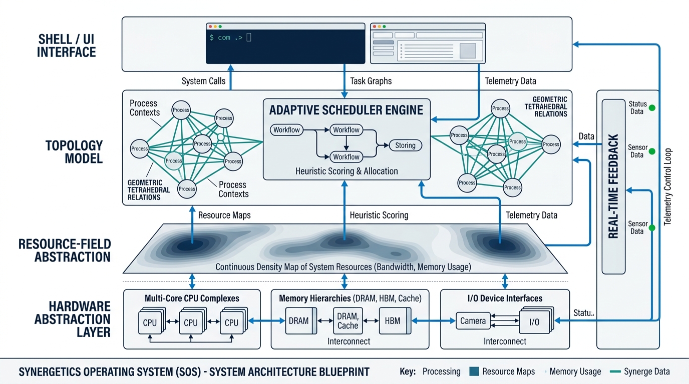 Synergetics Operating System (SOS) System Architecture Blueprint showing Hardware, Resource-Field, Topology Model, Adaptive Scheduler, and Feedback Loop