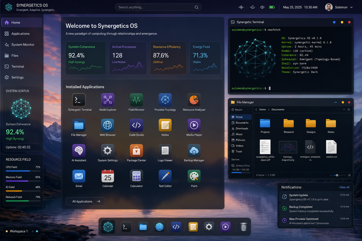 Conceptual Synergetics Operating System desktop featuring a geometric dashboard, application windows, and resource visualization.